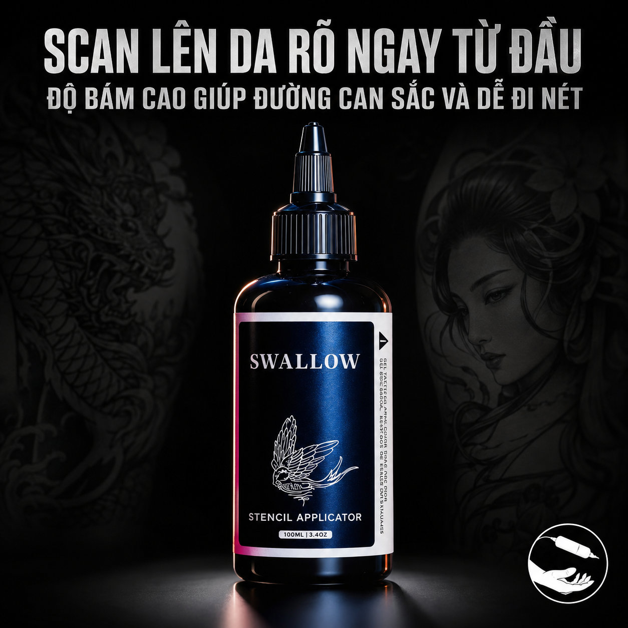 Gel scan hình xăm Swallow Stencil Applicator hỗ trợ chuyển mẫu stencil lên da rõ nét, giúp thợ xăm dễ căn bố cục, hạn chế mờ nét và giữ đường scan ổn định hơn trong quá trình đi kim.