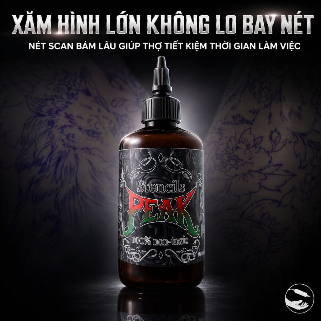 Gel scan hình xăm Peak Stencils hỗ trợ chuyển mẫu stencil lên da rõ nét, giúp thợ xăm dễ căn bố cục, hạn chế mờ nét và giữ đường scan ổn định hơn trong quá trình đi kim.
