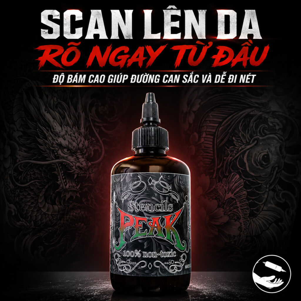 Gel scan hình xăm Peak Stencils hỗ trợ chuyển mẫu stencil lên da rõ nét, giúp thợ xăm dễ căn bố cục, hạn chế mờ nét và giữ đường scan ổn định hơn trong quá trình đi kim.