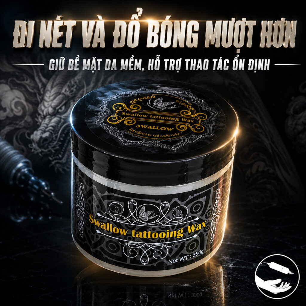 Sáp bôi xăm Swallow Tattooing Wax 350g hỗ trợ làm mềm da, giảm ma sát khi đi kim, giúp thao tác đi nét, đổ bóng và tô màu mượt hơn trong quá trình xăm.