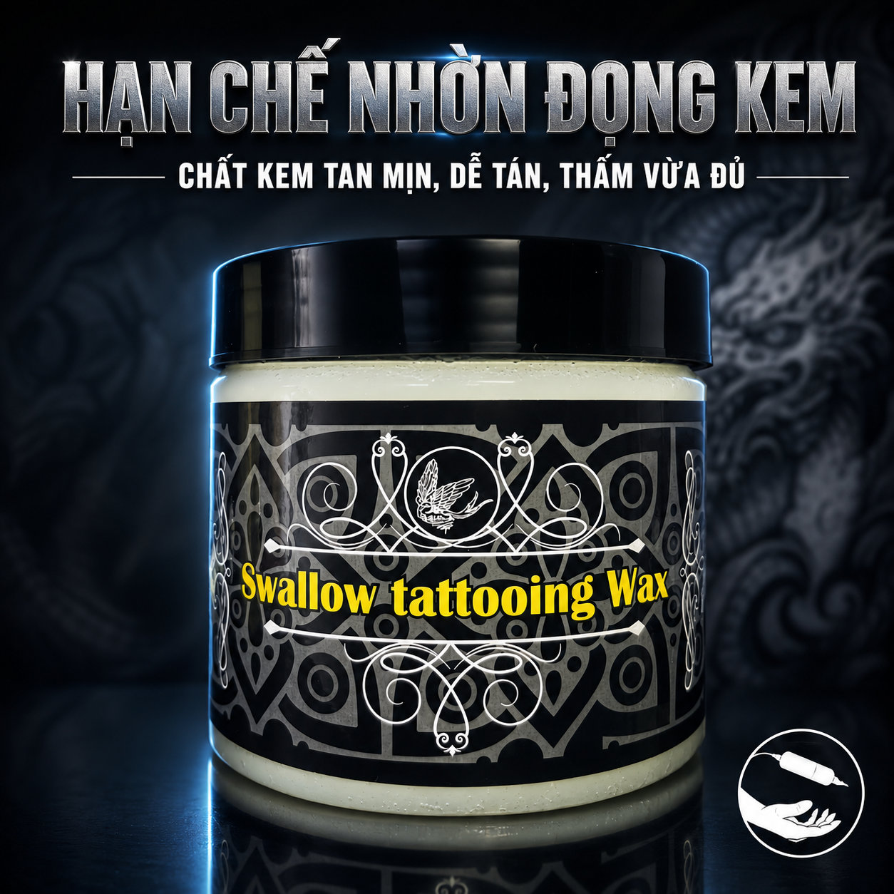 Vaseline-tattoo-vaseline-phun-xam-vaseline-xam-hinh-Swallow-Son-en-hu-to-350g-Dang-kem-de-tan-ko-bi-tac-mui-kim (7) (1) Sáp bôi xăm Swallow Tattooing Wax 350g hỗ trợ làm mềm da, giảm ma sát khi đi kim, giúp thao tác đi nét, đổ bóng và tô màu mượt hơn trong quá trình xăm.