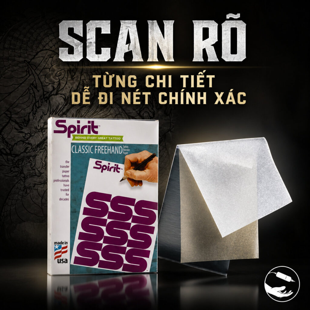Giấy vẽ stencil Spirit Classic Freehand Tattoo Stencil Paper là giấy chuyển hình xăm chuyên dụng cho thợ xăm vẽ tay, hỗ trợ tạo mẫu stencil trực tiếp trước khi đưa lên da. Sản phẩm kích thước 8.5 x 11 inch, 100 tờ, Made in USA.