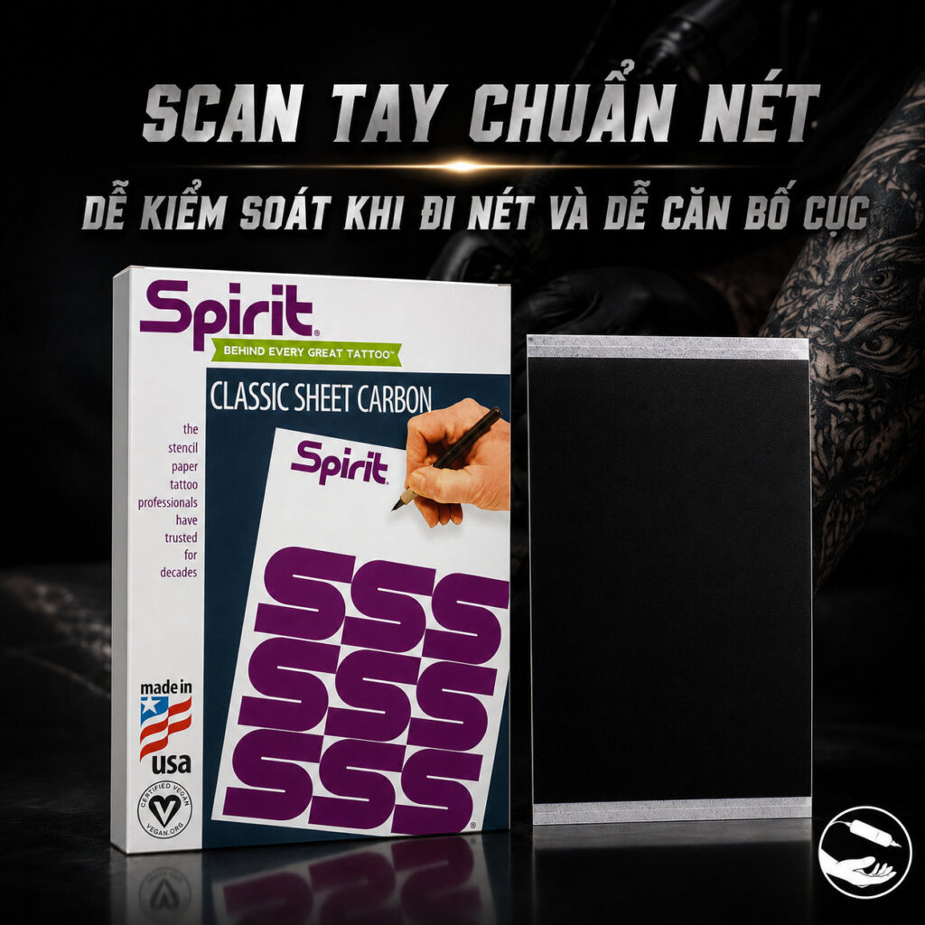 giay-than-scan-hinh-xam-spirit-classic-sheet-carbon-200-to (3) Giấy carbon xăm hình Spirit Classic Sheet Carbon là giấy stencil chuyên dụng cho thợ xăm, hỗ trợ tạo và chuyển mẫu hình xăm thủ công lên da. Sản phẩm kích thước 8.5 x 11 inch, 200 tờ, Made in USA.