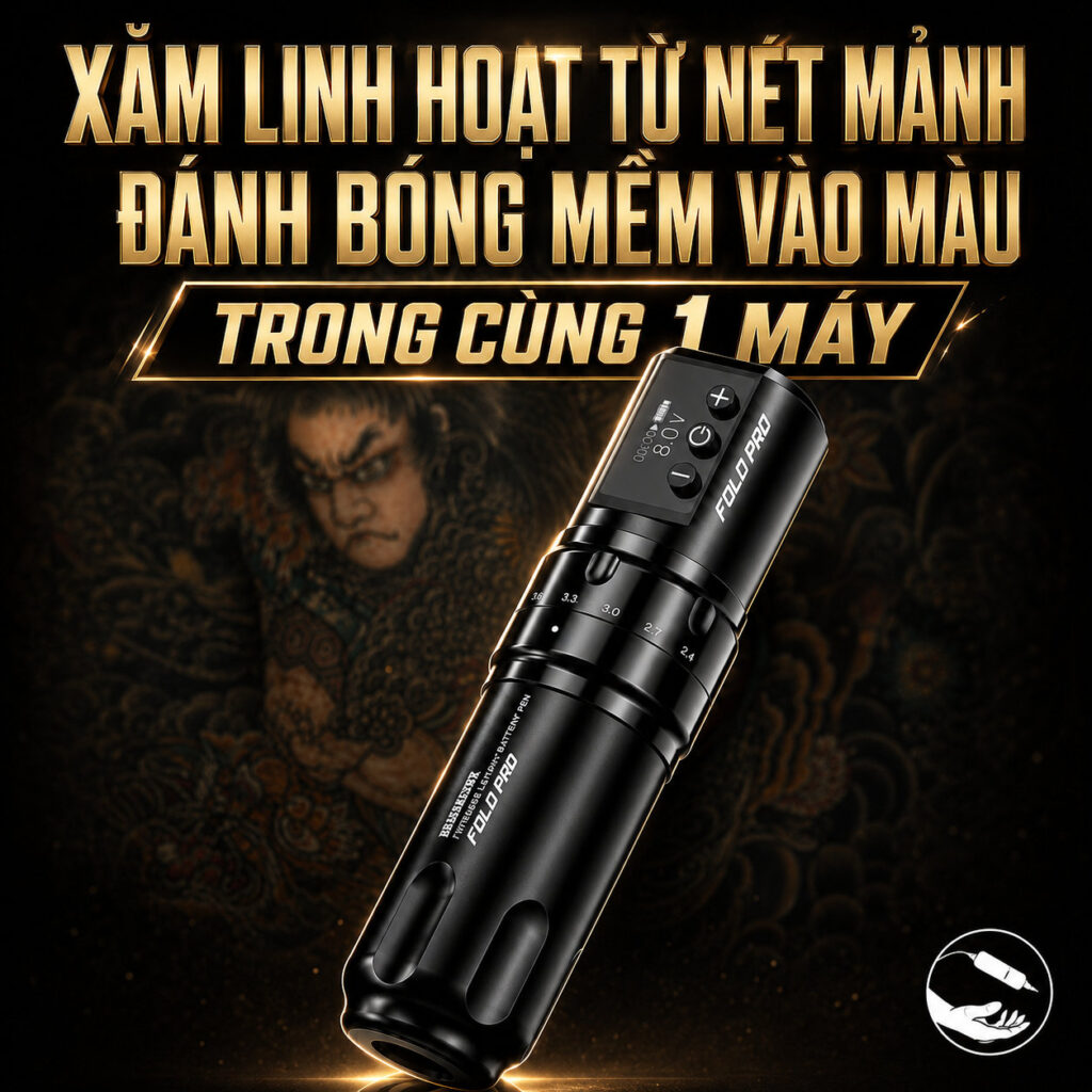 Máy xăm Dragonhawk Fold Pro là máy xăm không dây dạng pen, thiết kế pin rời, có màn hình hiển thị thông số và hỗ trợ chỉnh stroke nhiều nấc, phù hợp cho thợ xăm đi nét, đánh bóng, tô màu và xử lý nhiều phong cách hình xăm.
