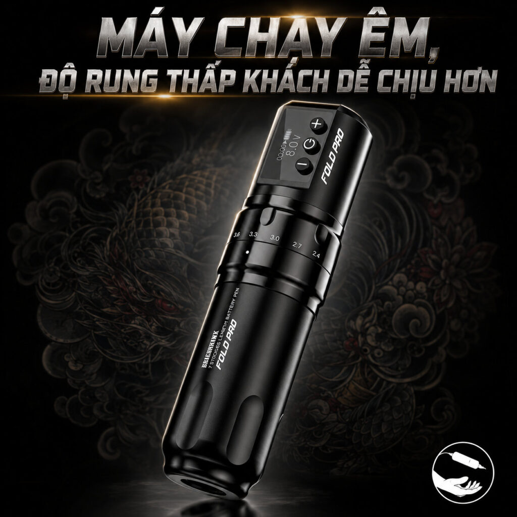 Máy xăm Dragonhawk Fold Pro là máy xăm không dây dạng pen, thiết kế pin rời, có màn hình hiển thị thông số và hỗ trợ chỉnh stroke nhiều nấc, phù hợp cho thợ xăm đi nét, đánh bóng, tô màu và xử lý nhiều phong cách hình xăm.