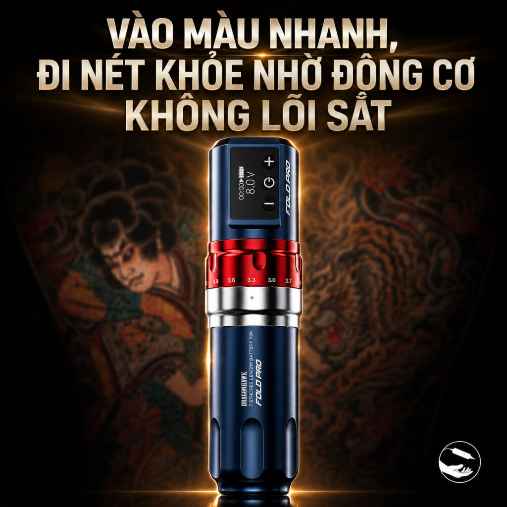 Máy xăm Dragonhawk Fold Pro là máy xăm không dây dạng pen, thiết kế pin rời, có màn hình hiển thị thông số và hỗ trợ chỉnh stroke nhiều nấc, phù hợp cho thợ xăm đi nét, đánh bóng, tô màu và xử lý nhiều phong cách hình xăm.