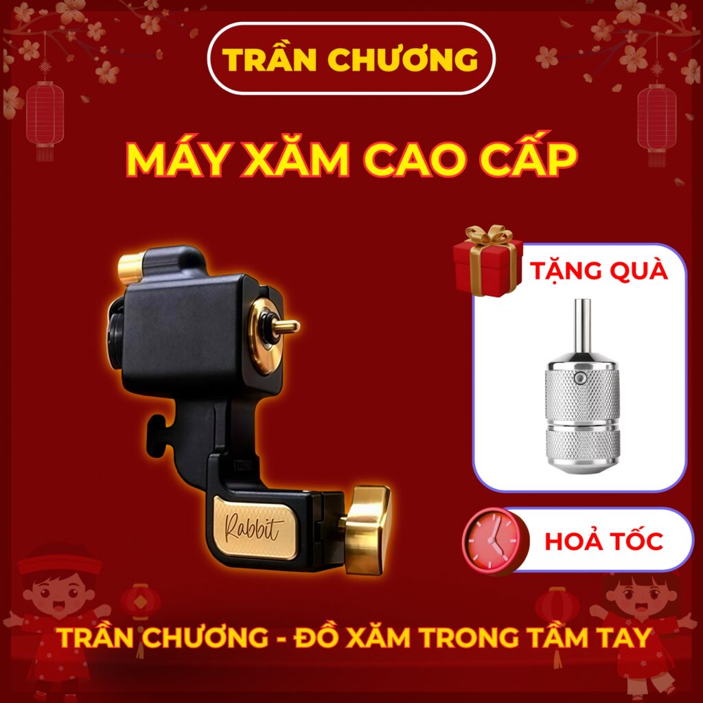 Máy xăm Rabbit màu đen vàng, thiết kế dạng khung nhỏ gọn, ngoại hình cao cấp, phù hợp cho thợ xăm cần một chiếc máy chắc tay, dễ thao tác và chuyên nghiệp khi làm nghề.