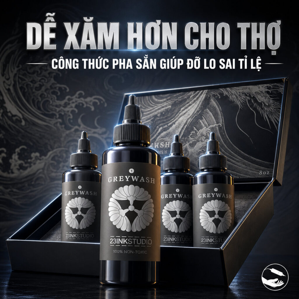Set mực xăm 23 Ink Greywash là bộ mực greywash pha sẵn nhiều tông đậm nhạt, phù hợp cho tattoo Nhật cổ, black and grey, đổ bóng, chuyển sắc, tạo khối và các thiết kế cần độ chuyển mượt giữa sáng – tối.