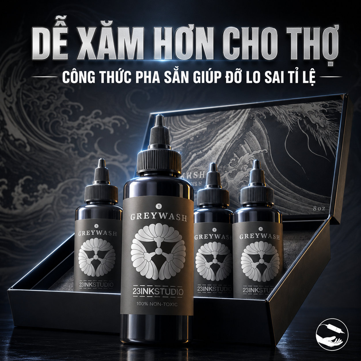 Bốn chai mực xăm Nhật cổ 23INK Greywash pha sẵn đặt trong hộp bản 8oz