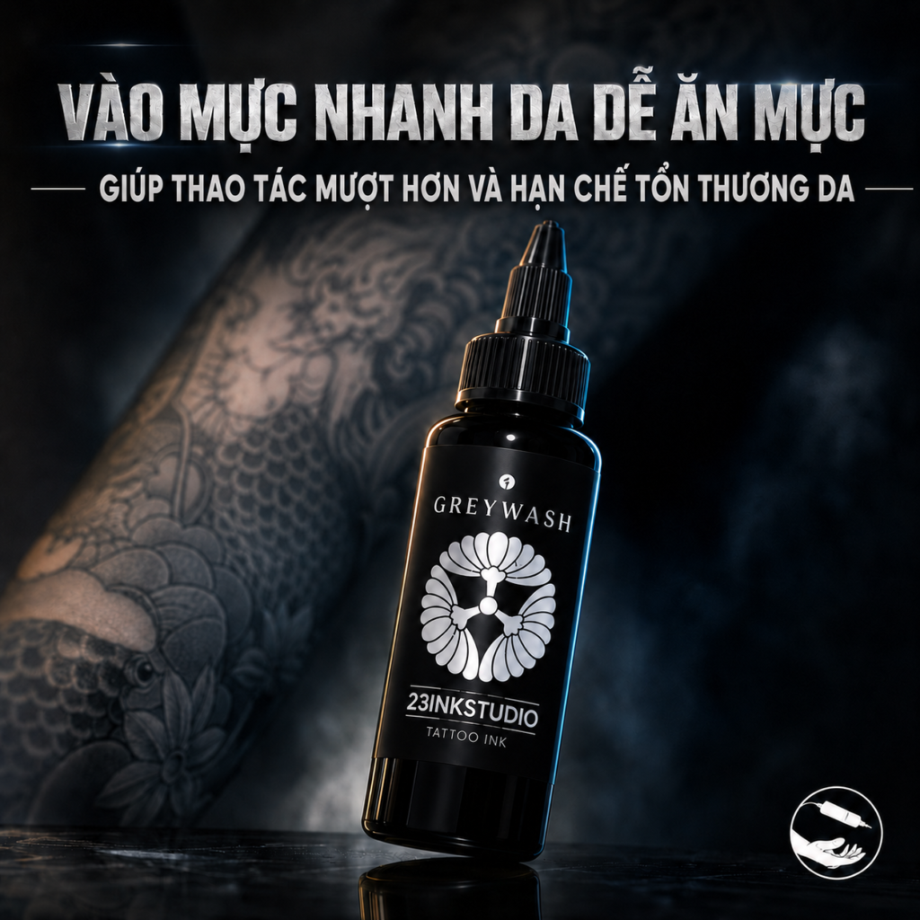 Set mực xăm 23 Ink Greywash là bộ mực greywash pha sẵn nhiều tông đậm nhạt, phù hợp cho tattoo Nhật cổ, black and grey, đổ bóng, chuyển sắc, tạo khối và các thiết kế cần độ chuyển mượt giữa sáng – tối.