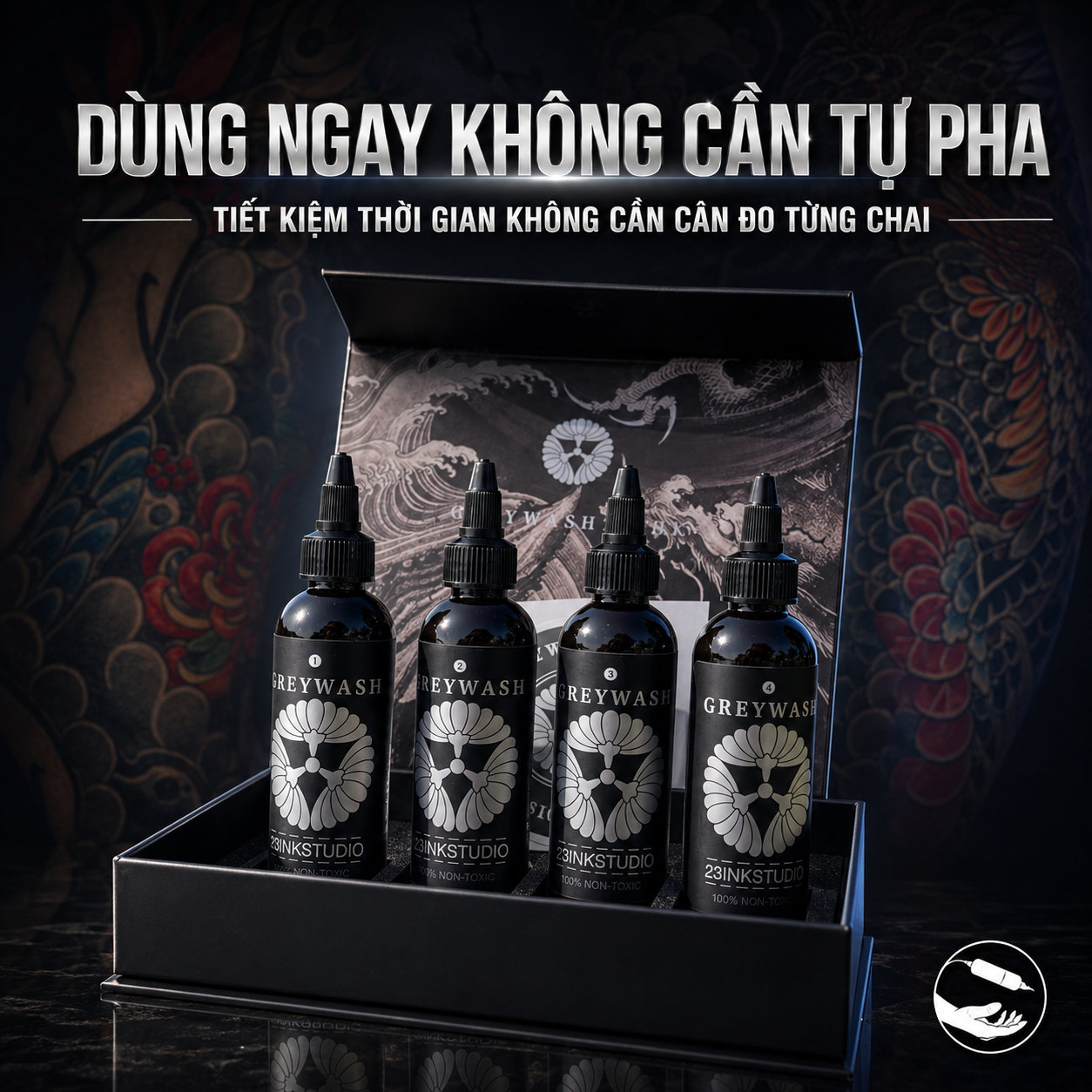 Set mực xăm 23 Ink Greywash là bộ mực greywash pha sẵn nhiều tông đậm nhạt, phù hợp cho tattoo Nhật cổ, black and grey, đổ bóng, chuyển sắc, tạo khối và các thiết kế cần độ chuyển mượt giữa sáng – tối.