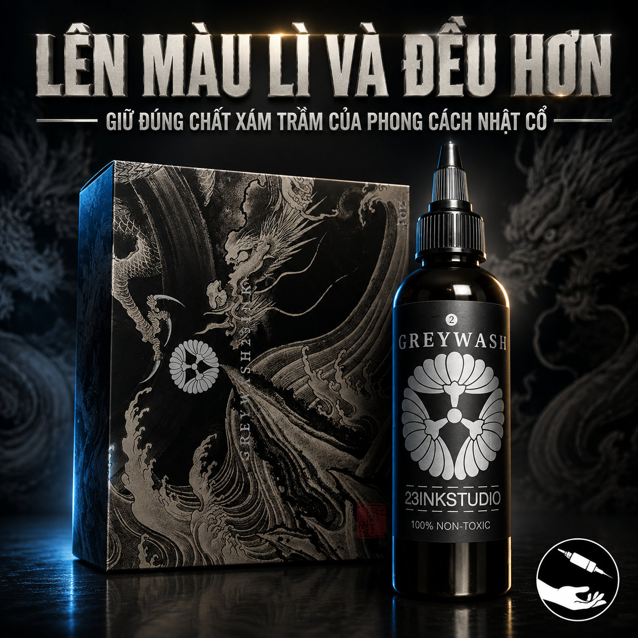 Set mực xăm 23 Ink Greywash là bộ mực greywash pha sẵn nhiều tông đậm nhạt, phù hợp cho tattoo Nhật cổ, black and grey, đổ bóng, chuyển sắc, tạo khối và các thiết kế cần độ chuyển mượt giữa sáng – tối.
