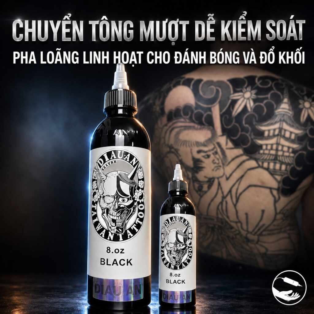 muc-xam-diau-an-black-irezumi-nhat-co (3) (1) Mực xăm Diauan Black 8oz là dòng mực đen tattoo chuyên dùng cho đi nét, tô nền, đánh bóng và phong cách Nhật cổ Irezumi, phù hợp cho thợ xăm cần sắc đen rõ, ổn định và dễ thao tác.