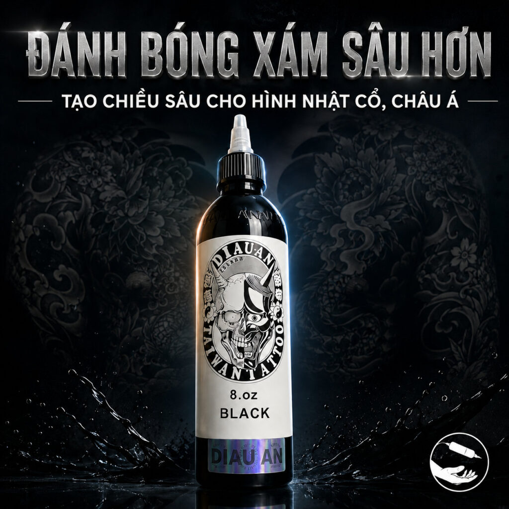 muc-xam-diau-an-black-irezumi-nhat-co (4) (1) Mực xăm Diauan Black 8oz là dòng mực đen tattoo chuyên dùng cho đi nét, tô nền, đánh bóng và phong cách Nhật cổ Irezumi, phù hợp cho thợ xăm cần sắc đen rõ, ổn định và dễ thao tác.