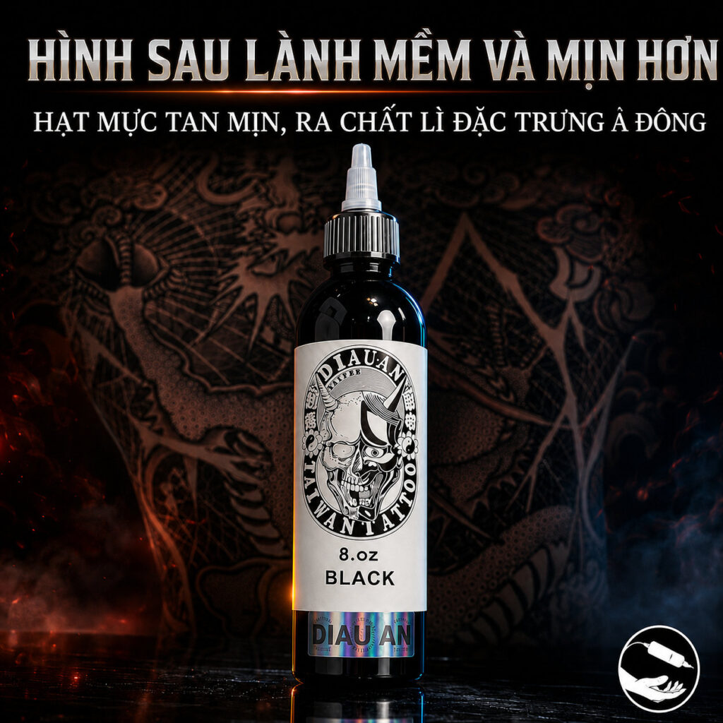 muc-xam-diau-an-black-irezumi-nhat-co (6) Mực xăm Diauan Black 8oz là dòng mực đen tattoo chuyên dùng cho đi nét, tô nền, đánh bóng và phong cách Nhật cổ Irezumi, phù hợp cho thợ xăm cần sắc đen rõ, ổn định và dễ thao tác.