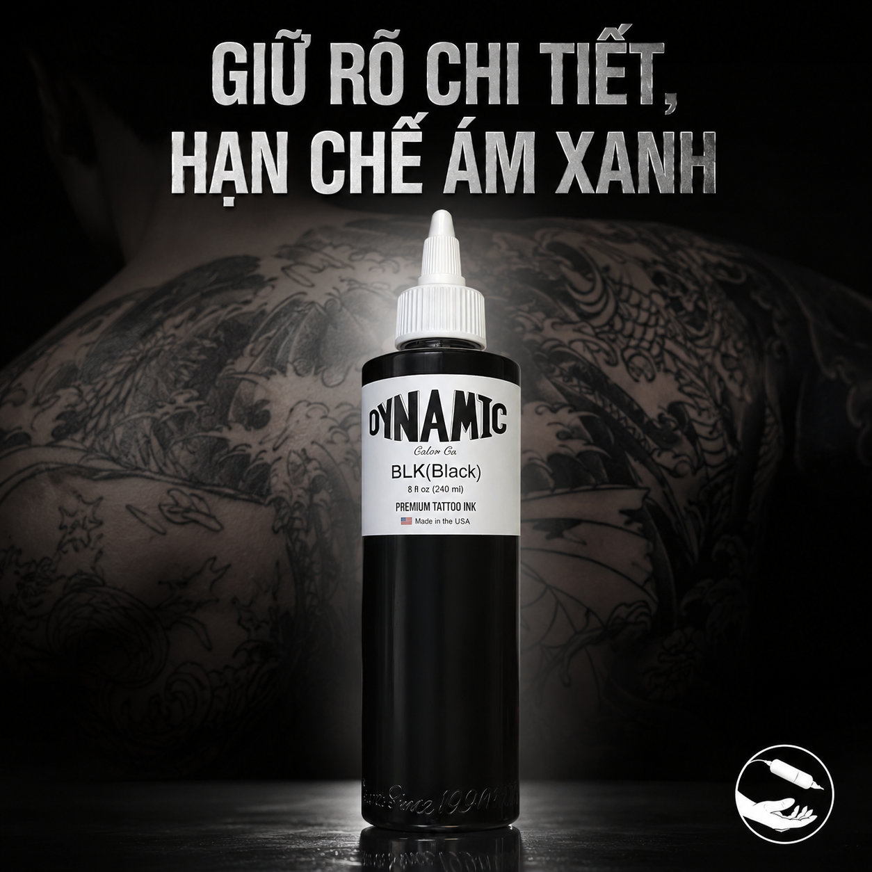 muc-xam-dynamic-blk-black-han-che-lom-dom (8) (1) Mặt sau chai mực xăm Dynamic BLK Black 8oz chính hãng với tem QR, thông tin lô sản xuất và hạn sử dụng, giúp thợ xăm kiểm tra nguồn gốc sản phẩm dễ hơn.