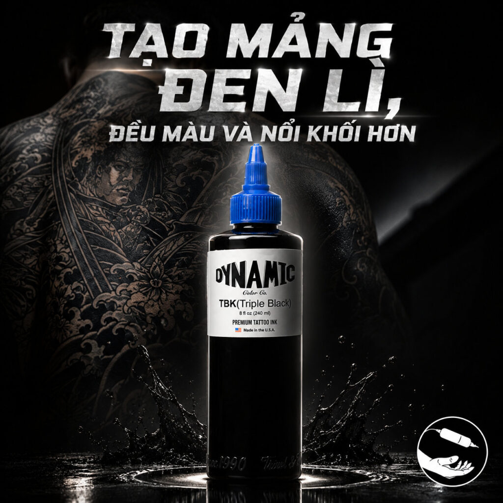 muc-xam-dynamic-tbk-triple-black-di-net-sac (1) (1) Mực xăm Dynamic TBK Triple Black 8oz là dòng mực đen tattoo chuyên dùng cho đi nét, linework, lettering và các hình xăm cần sắc đen rõ, đậm và ổn định.