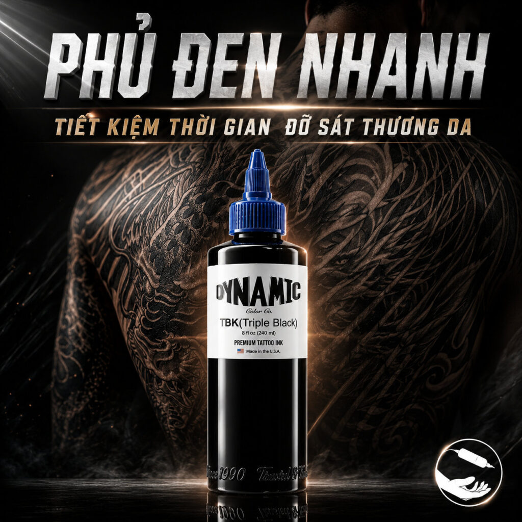 muc-xam-dynamic-tbk-triple-black-di-net-sac (6) (1) Mực xăm Dynamic TBK Triple Black 8oz là dòng mực đen tattoo chuyên dùng cho đi nét, linework, lettering và các hình xăm cần sắc đen rõ, đậm và ổn định.