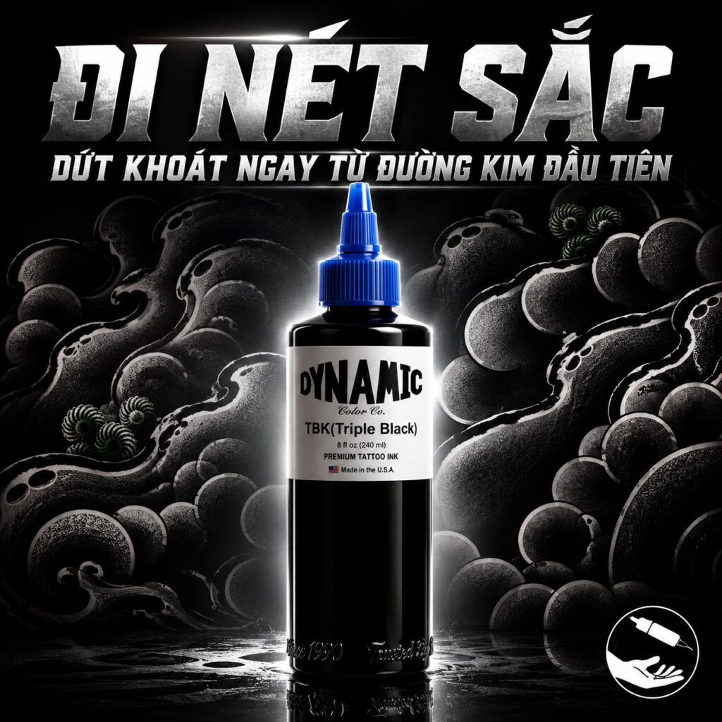 muc-xam-dynamic-tbk-triple-black-di-net-sac (8) (1) Mực xăm Dynamic TBK Triple Black 8oz là dòng mực đen tattoo chuyên dùng cho đi nét, linework, lettering và các hình xăm cần sắc đen rõ, đậm và ổn định.