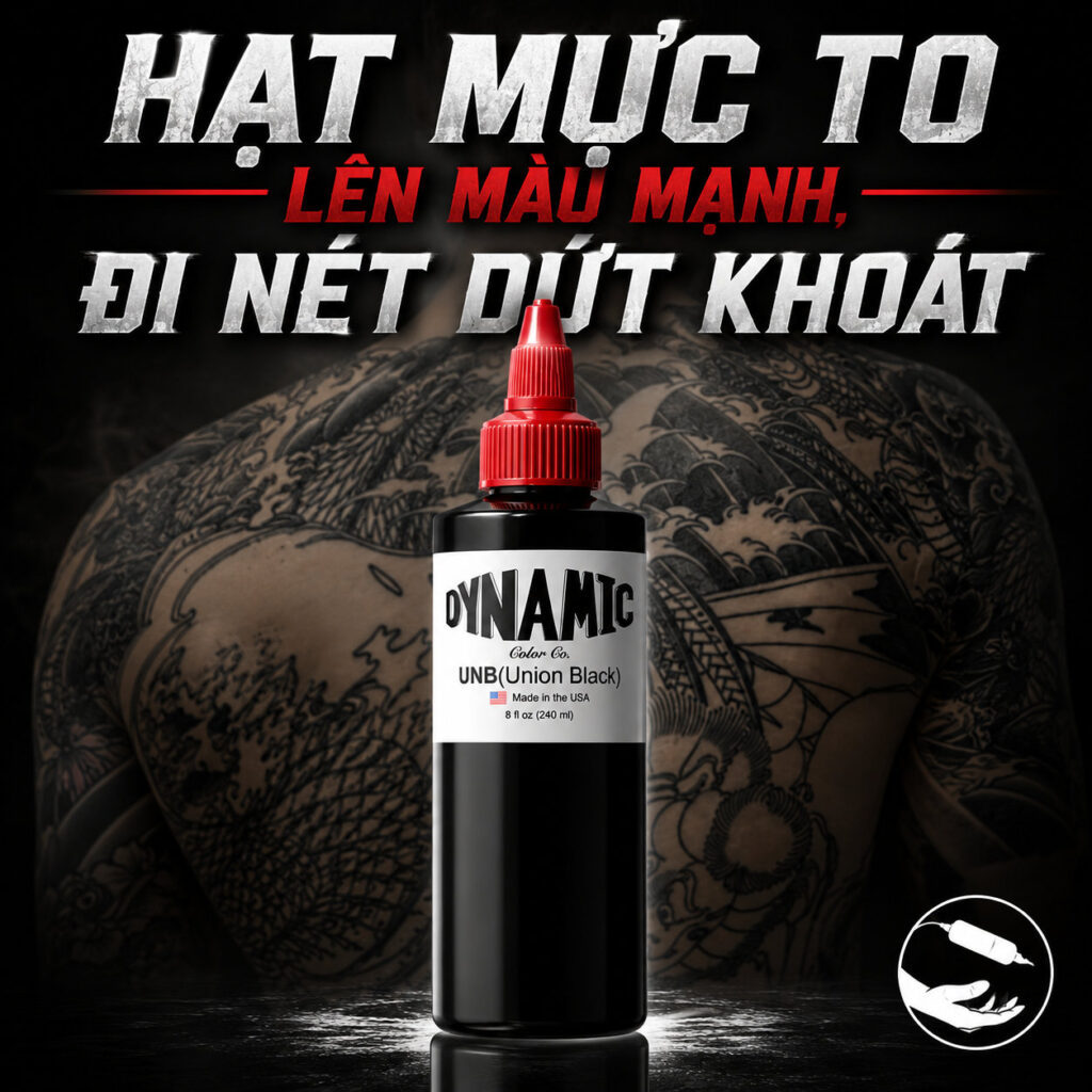 Mực xăm Dynamic UNB Union Black 8oz là dòng mực đen tattoo chuyên dùng cho tô nền, blackwork, đi nét lớn và các hình xăm cần sắc đen sâu, độ phủ mạnh và ổn định.