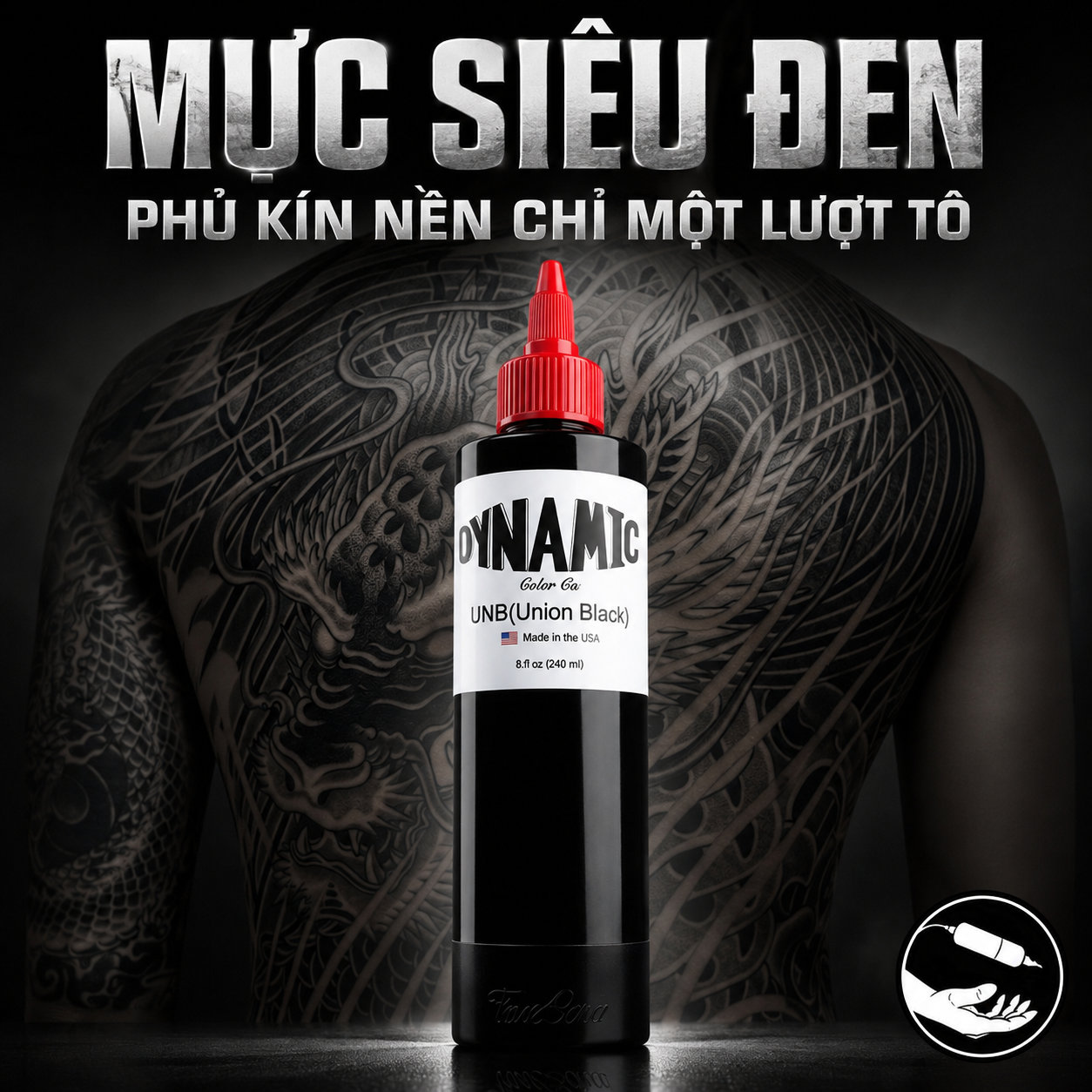 Mực xăm Dynamic UNB Union Black 8oz là dòng mực đen tattoo chuyên dùng cho tô nền, blackwork, đi nét lớn và các hình xăm cần sắc đen sâu, độ phủ mạnh và ổn định.