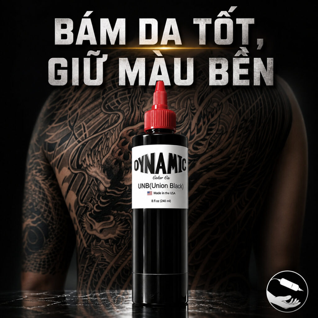 Mực xăm Dynamic UNB Union Black 8oz là dòng mực đen tattoo chuyên dùng cho tô nền, blackwork, đi nét lớn và các hình xăm cần sắc đen sâu, độ phủ mạnh và ổn định.