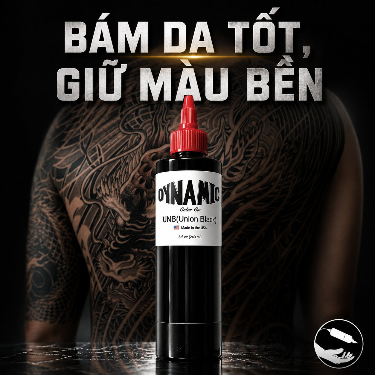 muc-xam-dynamic-unb-union-black-sieu-den (5) (1) Mực xăm Dynamic UNB Union Black 8oz là dòng mực đen tattoo chuyên dùng cho tô nền, blackwork, đi nét lớn và các hình xăm cần sắc đen sâu, độ phủ mạnh và ổn định.