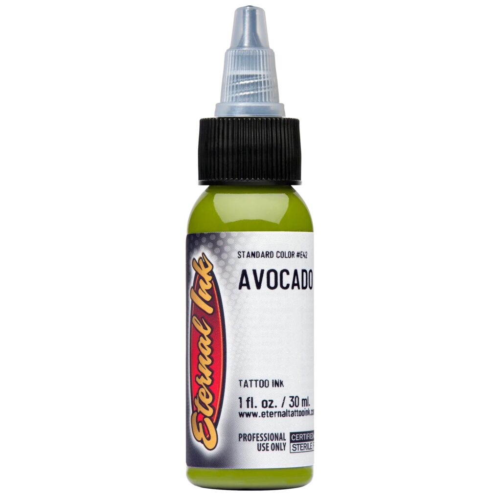 muc-xam-eternal-chinh-hang-avocado- Mực xăm Eternal Avocado chính hãng là tông xanh bơ trầm sáng thuộc nhóm màu earth tone, phù hợp cho tattoo màu, phối màu lá cây, rắn, rồng, hoa lá, Nhật cổ, realism, neo traditional và các thiết kế cần sắc xanh tự nhiên có chiều sâu.