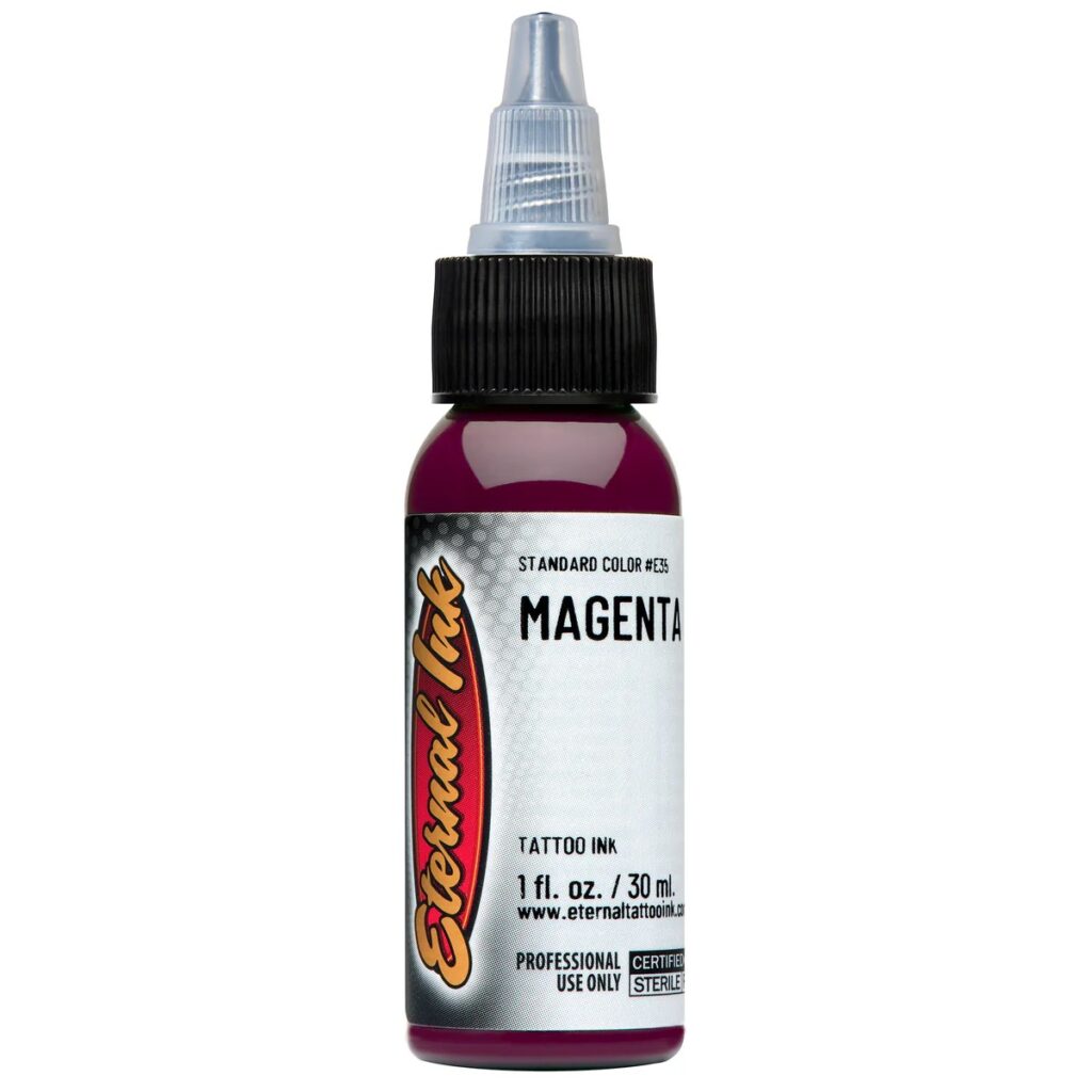 muc-xam-eternal-chinh-hang-magenta Mực xăm Eternal Magenta chính hãng là tông hồng tím nổi bật, phù hợp cho tattoo màu, phối màu hoa, fantasy, neo traditional, chân dung màu và các thiết kế cần sắc magenta sâu, rõ và có điểm nhấn mạnh.