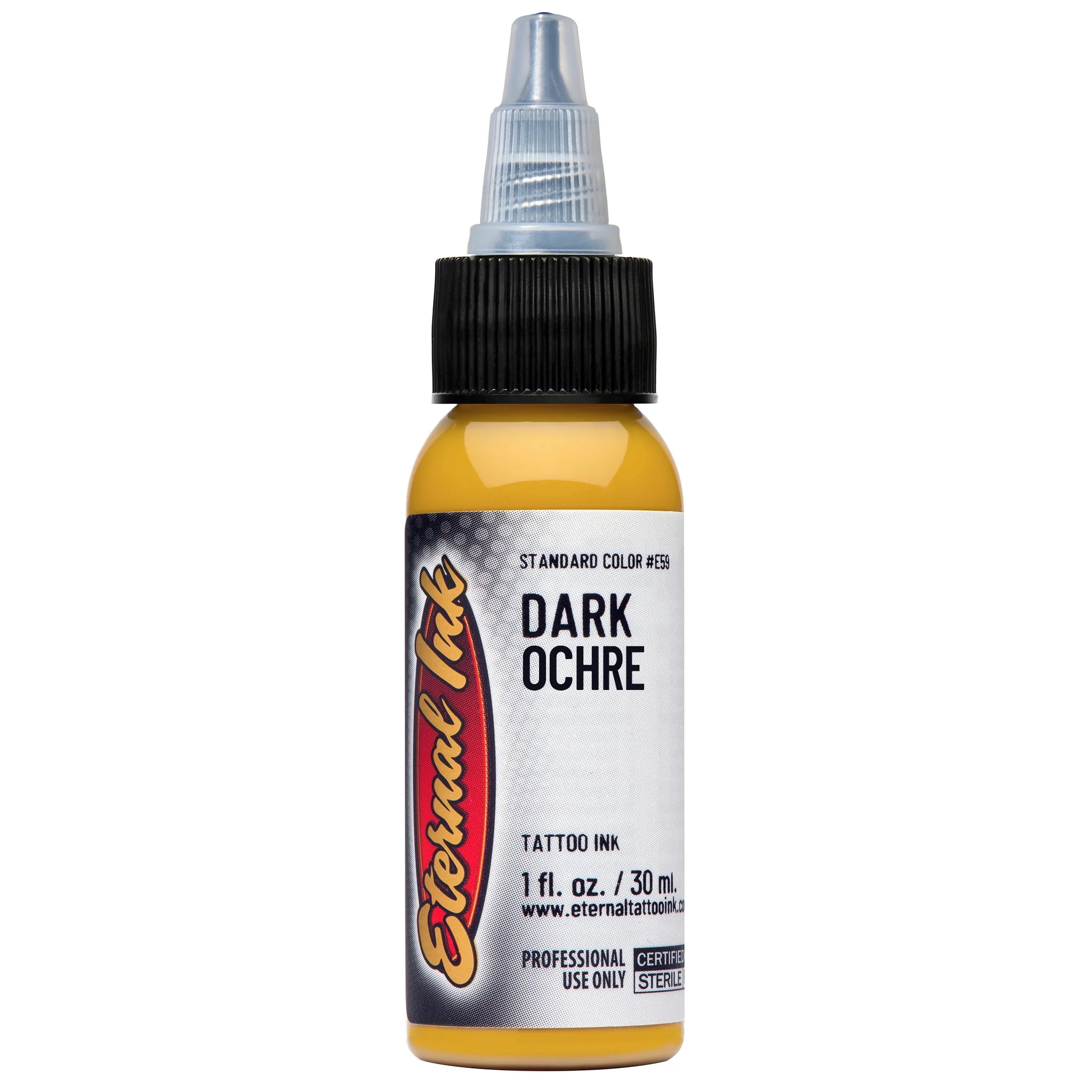 Mực xăm Eternal Dark Ochre chính hãng là tông vàng đất đậm thuộc nhóm màu earth tone, phù hợp cho tattoo màu, phối màu da, gỗ, kim loại cổ, trang phục, Nhật cổ, realism, neo traditional và các thiết kế cần sắc vàng nâu trầm có chiều sâu.