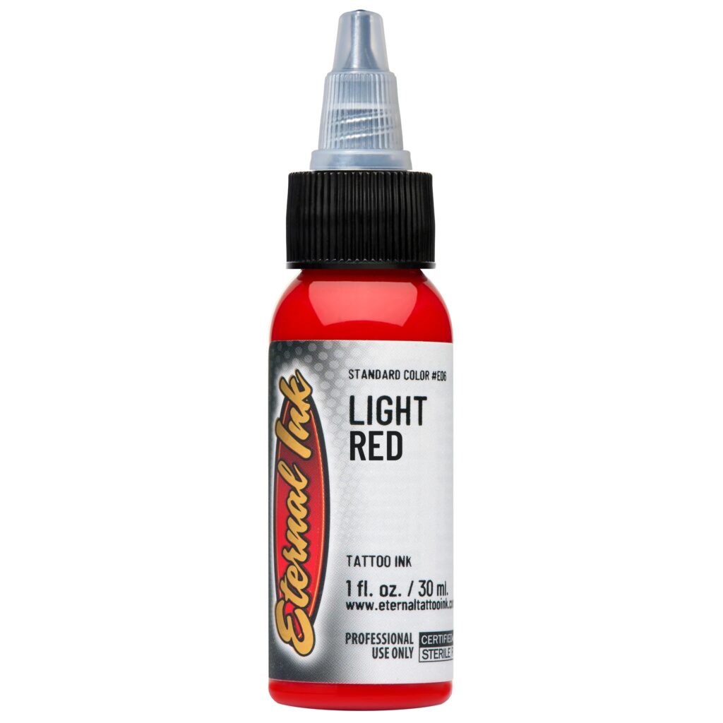 Mực xăm Eternal Light Red chính hãng là tông đỏ sáng nổi bật, phù hợp cho tattoo màu, phối màu hoa, rồng, rắn, Nhật cổ, old school, neo traditional và các thiết kế cần sắc đỏ tươi rõ.