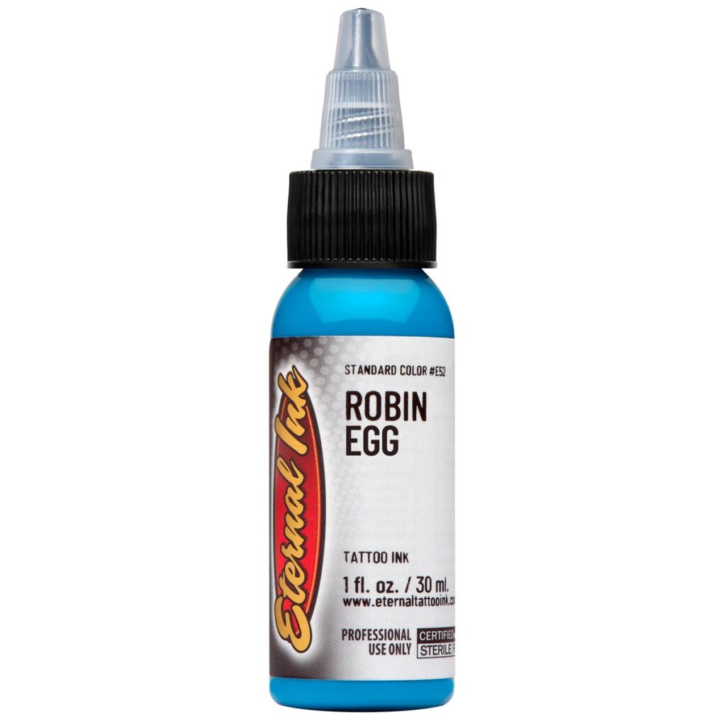 muc-xam-eternal-chinh-hang-mau-robin-egg- Mực xăm Eternal Robin Egg chính hãng là tông xanh robin egg sáng, phù hợp cho tattoo màu, phối màu nước, bầu trời, hoa lá, fantasy, neo traditional và các thiết kế cần sắc xanh aqua tươi rõ.