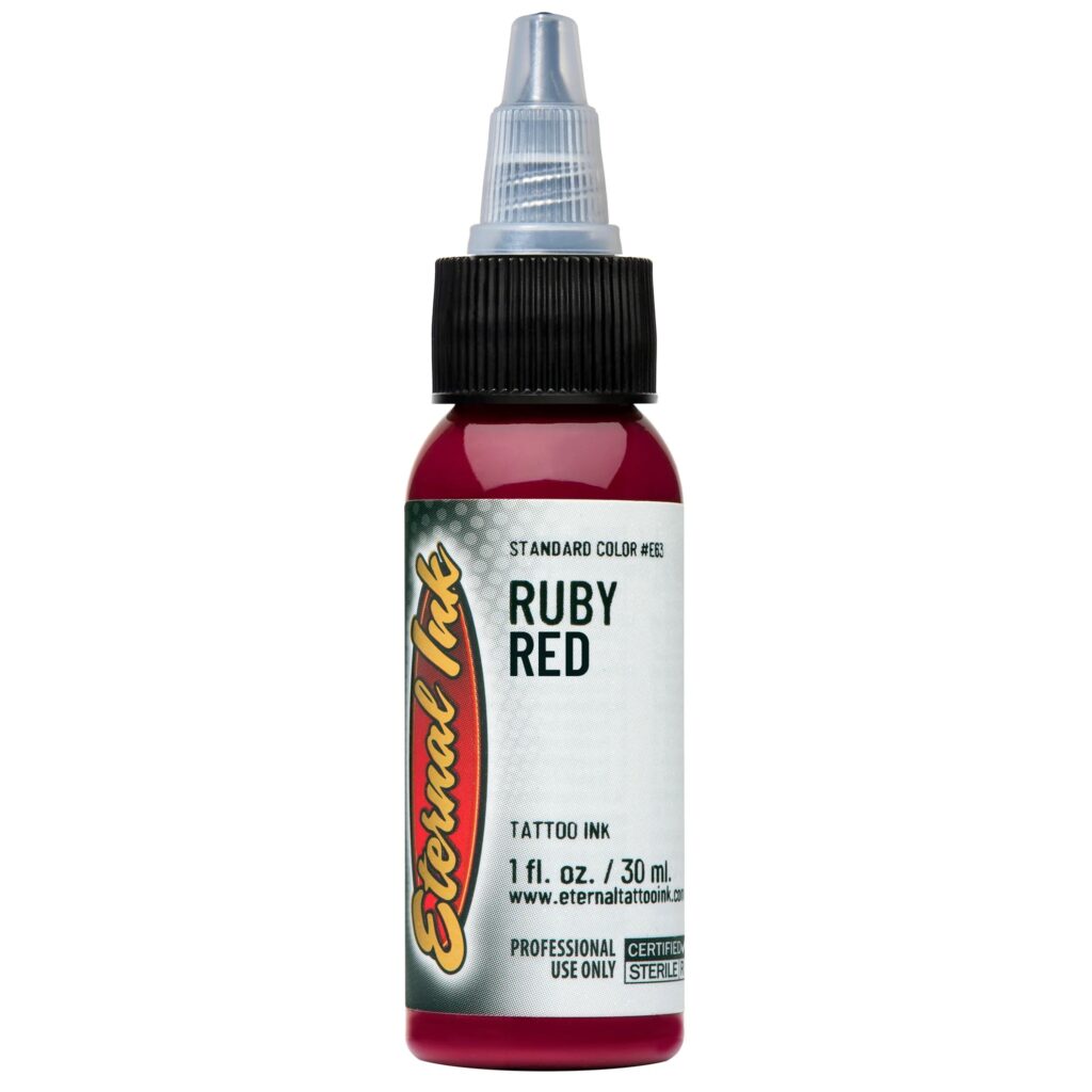 Mực xăm Eternal Ruby Red chính hãng là tông đỏ ruby nổi bật, phù hợp cho tattoo màu, phối màu hoa hồng, rồng, rắn, Nhật cổ, old school, neo traditional và các thiết kế cần sắc đỏ sâu, rõ và có chiều sâu.