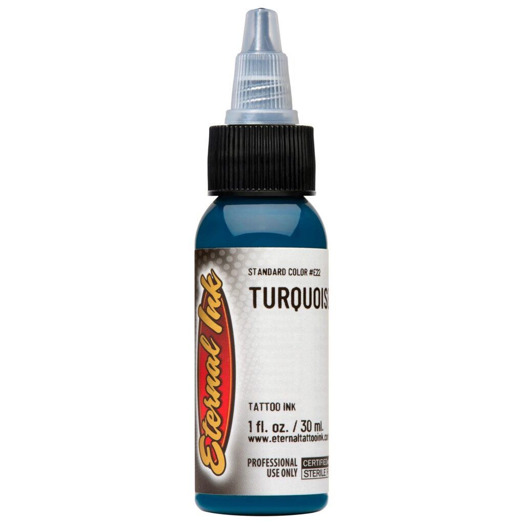 Mực xăm Eternal Turquoise chính hãng là tông xanh ngọc lam nổi bật, phù hợp cho tattoo màu, phối màu nước, sóng, rồng, rắn, hoa lá, fantasy, neo traditional và các thiết kế cần sắc xanh tươi có chiều sâu.
