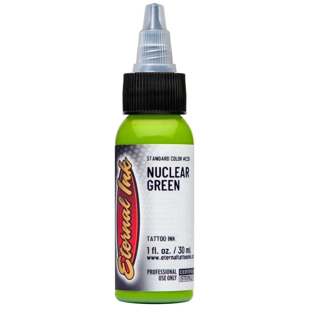 Mực xăm Eternal Nuclear Green chính hãng là tông xanh neon nổi bật, phù hợp cho tattoo màu, phối màu lá cây, rắn, rồng, fantasy, neo traditional, hoạt hình và các thiết kế cần sắc xanh sáng mạnh.