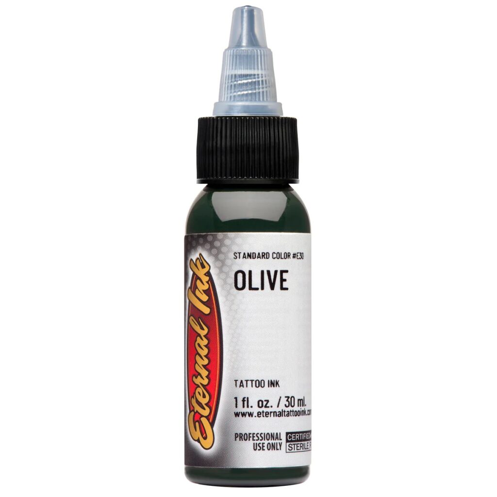 muc-xam-eternal-chinh-hang-olive- Mực xăm Eternal Olive chính hãng là tông xanh olive trầm, phù hợp cho tattoo màu, phối màu lá cây, quân phục, rắn, rồng, Nhật cổ, tả thực màu và các thiết kế cần sắc xanh rêu tự nhiên có chiều sâu.