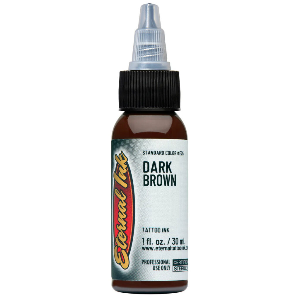 muc-xam-eternal-dark-brown-tattoo-ink-chinh-hang (1) Mực xăm Eternal Dark Brown chính hãng là tông nâu đậm thuộc nhóm màu earth tone, phù hợp cho tattoo màu, phối màu da, tóc, gỗ, bóng tối, chân dung, realism, neo traditional, Nhật cổ và các thiết kế cần sắc nâu trầm có chiều sâu.
