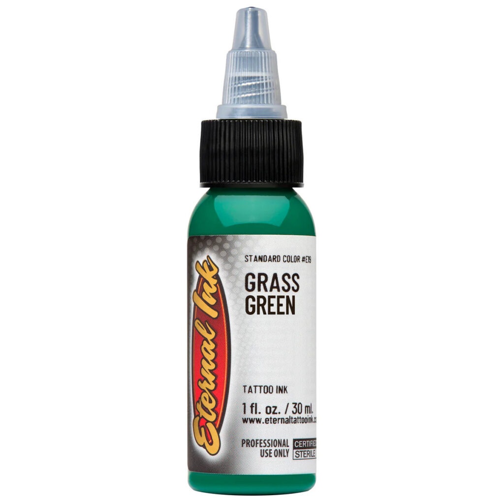 muc-xam-eternal-grass-green-tattoo-ink-chinh-hang (1) Mực xăm Eternal Grass Green chính hãng là tông xanh cỏ tươi, phù hợp cho tattoo màu, phối màu lá cây, rắn, rồng, hoa lá, Nhật cổ, neo traditional và các thiết kế cần sắc xanh lá rõ, sáng và tự nhiên.