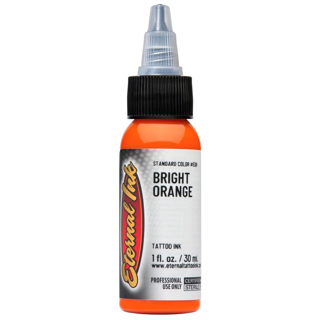 muc-xam-eternal-mau-bright-oranger-1 Mực xăm Eternal Bright Orange chính hãng là tông cam sáng nổi bật, phù hợp cho tattoo màu, phối màu lửa, hoa, rồng, rắn, Nhật cổ, old school, neo traditional, hoạt hình và các thiết kế cần sắc cam tươi rõ, bắt mắt.