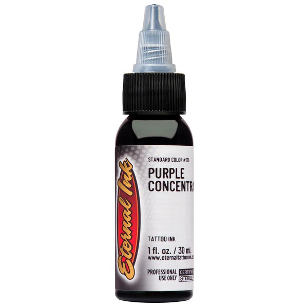 Mực xăm Eternal Purple Concentrate chính hãng là tông tím đậm nổi bật, phù hợp cho tattoo màu, phối màu hoa, fantasy, neo traditional, Nhật cổ và các thiết kế cần sắc tím sâu, rõ và có chiều sâu.