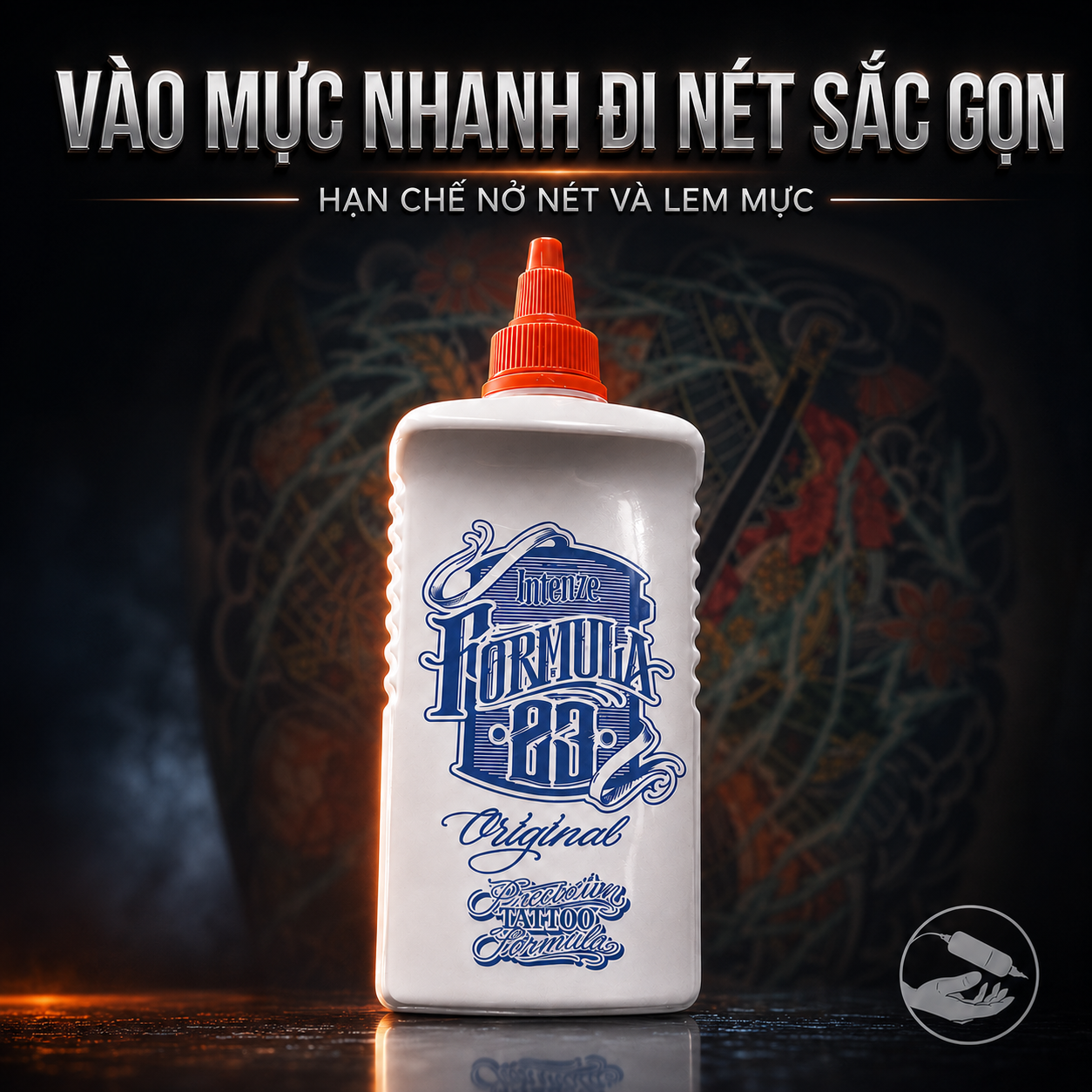 Mực xăm Intenze Formula 23 chính hãng là dòng mực đen chuyên dùng cho đi nét, linework và lettering tattoo, hỗ trợ đường nét sắc, đen rõ và ổn định khi làm việc.