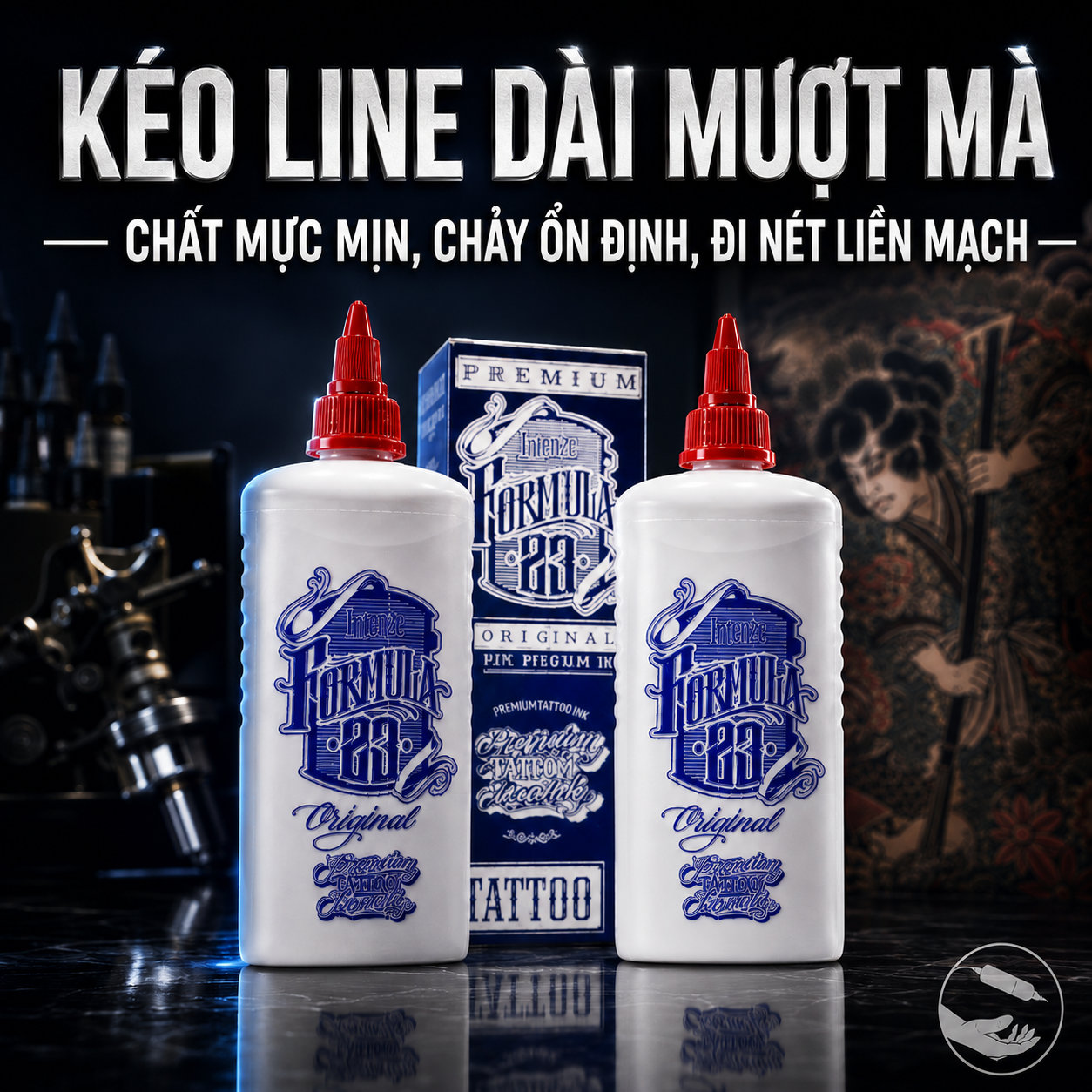 Mực xăm Intenze Formula 23 chính hãng là dòng mực đen chuyên dùng cho đi nét, linework và lettering tattoo, hỗ trợ đường nét sắc, đen rõ và ổn định khi làm việc.