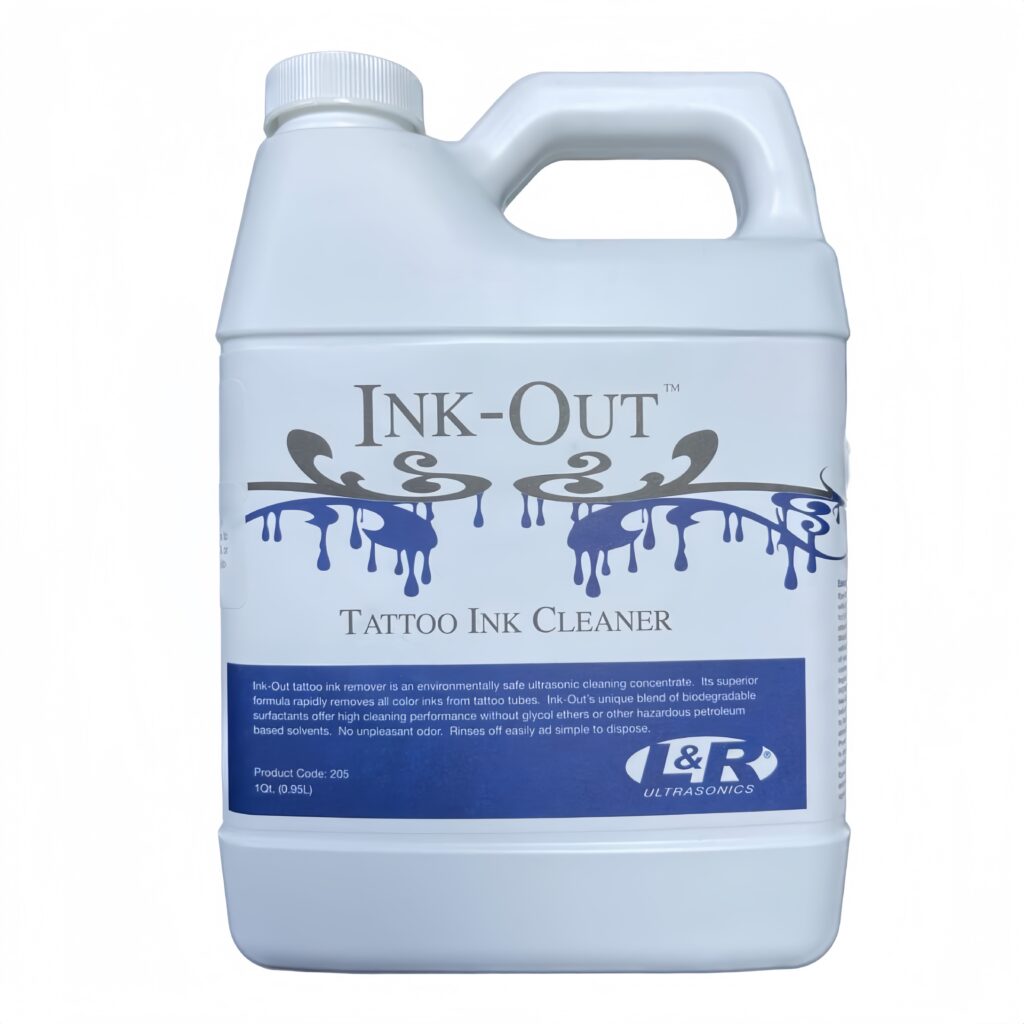 Dung dịch vệ sinh mực xăm Ink-Out Tattoo Ink Cleaner hỗ trợ làm sạch mực xăm bám trên đầu tip, tube, grip và dụng cụ xăm, phù hợp dùng trong quy trình vệ sinh dụng cụ tại studio xăm chuyên nghiệp.
