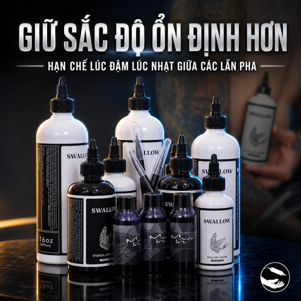 nuoc-pha-muc-xam-swallow-son-en-4 (2) (1) Nước pha mực xăm Swallow gồm Soul of Color và Soul of Darkness, hỗ trợ pha màu, pha greywash, điều chỉnh sắc độ và giúp thợ xăm kiểm soát độ đậm nhạt khi tattoo.