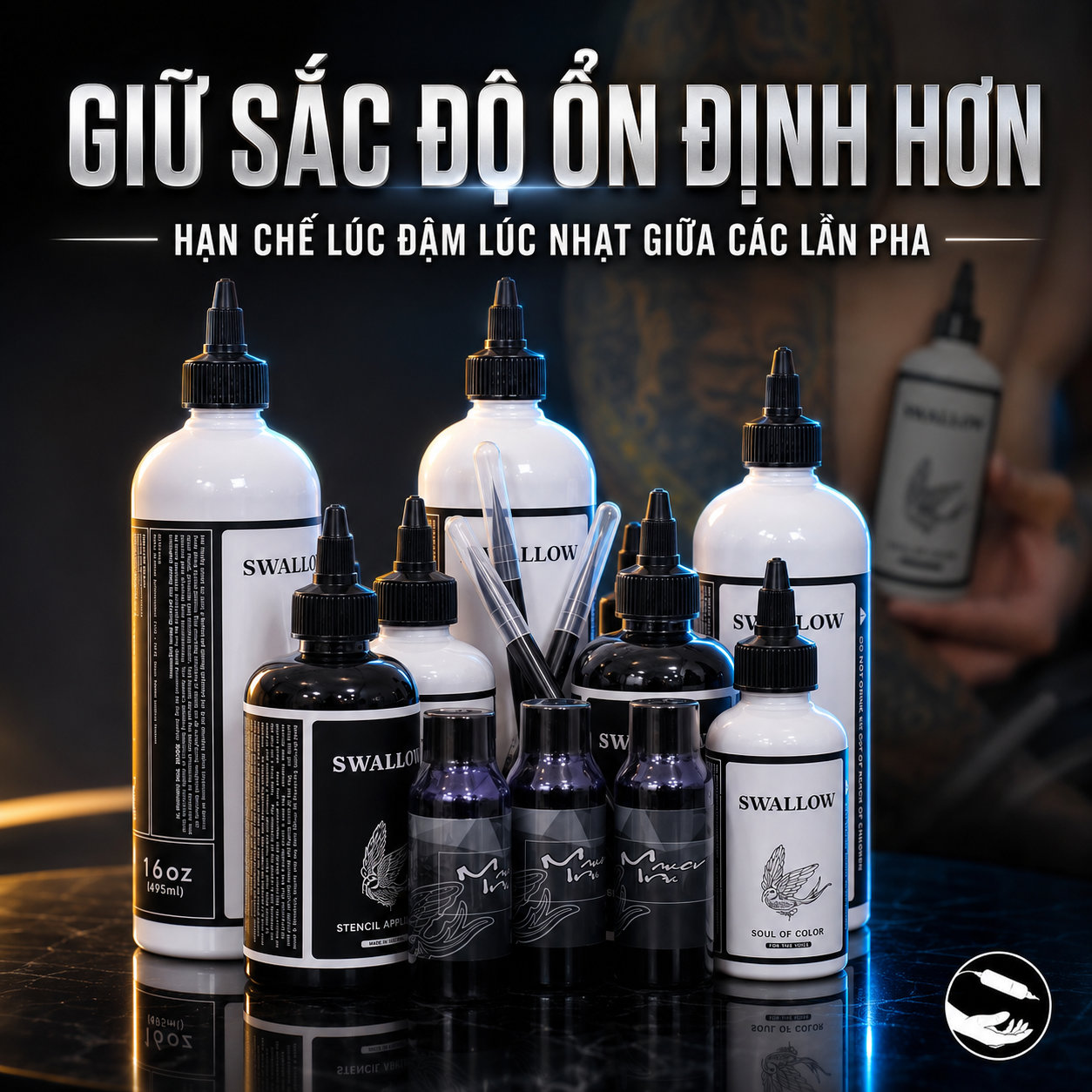 Nước pha mực xăm Swallow gồm Soul of Color và Soul of Darkness, hỗ trợ pha màu, pha greywash, điều chỉnh sắc độ và giúp thợ xăm kiểm soát độ đậm nhạt khi tattoo.