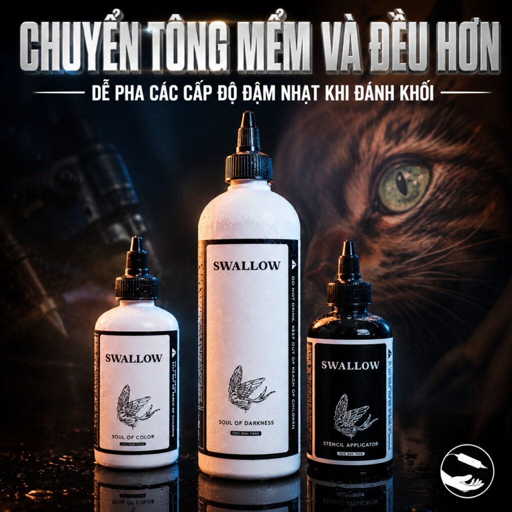 nuoc-pha-muc-xam-swallow-son-en-4 (5) (1) Nước pha mực xăm Swallow gồm Soul of Color và Soul of Darkness, hỗ trợ pha màu, pha greywash, điều chỉnh sắc độ và giúp thợ xăm kiểm soát độ đậm nhạt khi tattoo.