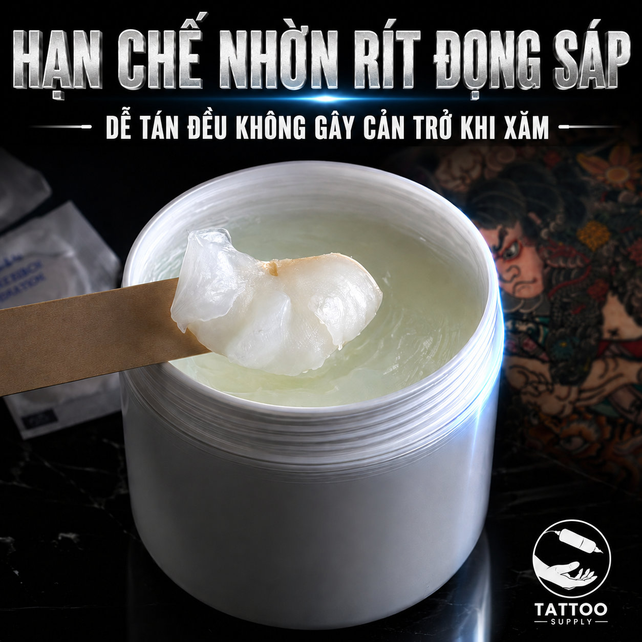 vaseline-tattoo-500g-vaseline-xam-hinh-500g-3 (1) (1) Sáp bôi xăm 500g dạng petroleum jelly hỗ trợ làm mềm bề mặt da, giảm ma sát khi đi kim, giúp thao tác đi nét, đổ bóng và tô màu mượt hơn trong quá trình xăm.
