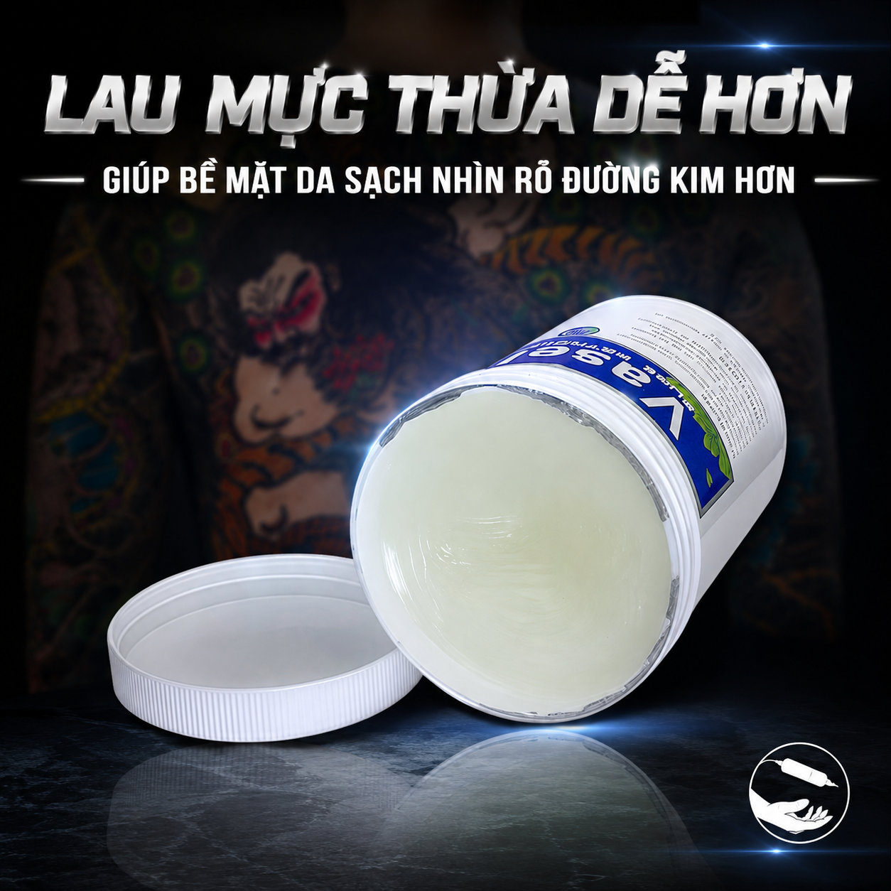 Sáp bôi xăm 500g dạng petroleum jelly hỗ trợ làm mềm bề mặt da, giảm ma sát khi đi kim, giúp thao tác đi nét, đổ bóng và tô màu mượt hơn trong quá trình xăm.