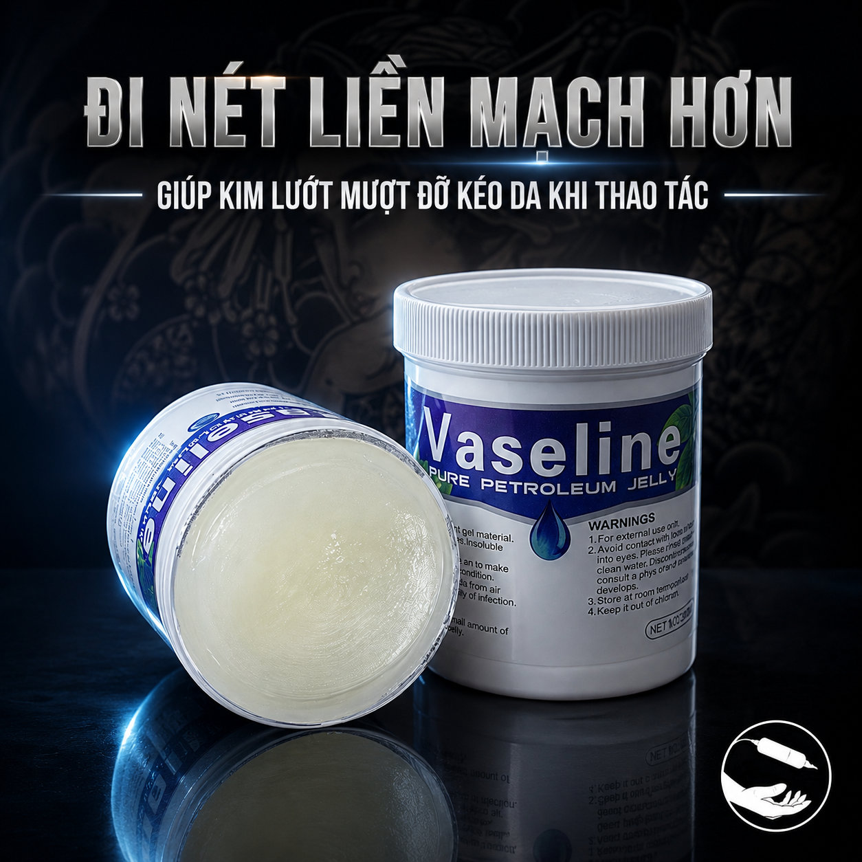vaseline-tattoo-500g-vaseline-xam-hinh-500g-3 (5) (1) Sáp bôi xăm 500g dạng petroleum jelly hỗ trợ làm mềm bề mặt da, giảm ma sát khi đi kim, giúp thao tác đi nét, đổ bóng và tô màu mượt hơn trong quá trình xăm.