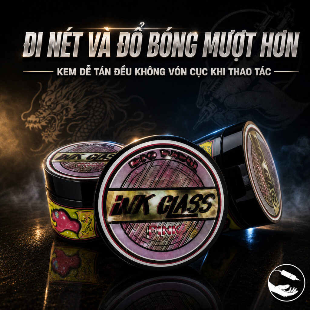 Kem dưỡng hình xăm Ink Class Pink 350g hỗ trợ làm mềm da, giảm ma sát khi đi kim, giúp thao tác xăm mượt hơn và hỗ trợ chăm sóc bề mặt da sau khi xăm.